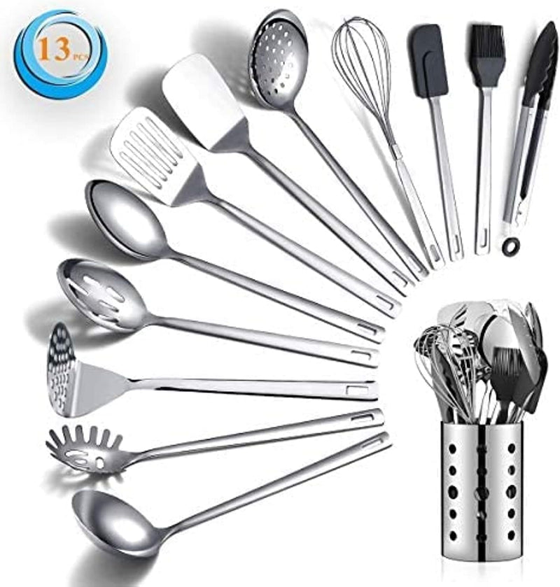 Simple Kitchen 13-Piece Stainless Steel Cooking Utensil Set with Holder – Heat Resistant, Non-Stick Safe, Dishwasher Safe Kitchen Tools Set